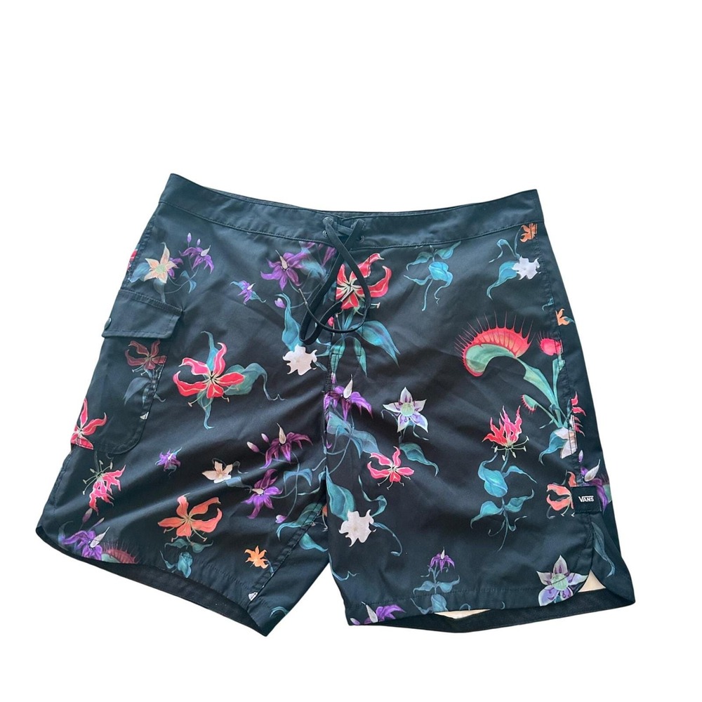Vans Board Shorts Mens 36 Black Venus Flytrap Floral Print Cargo Pocket Swim